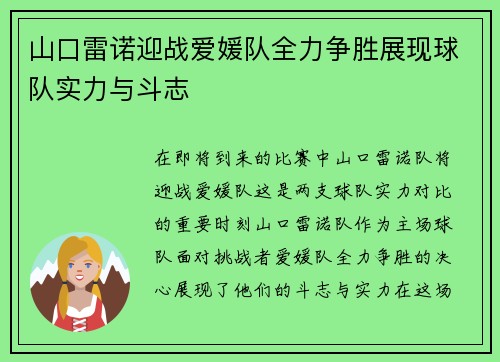 山口雷诺迎战爱媛队全力争胜展现球队实力与斗志